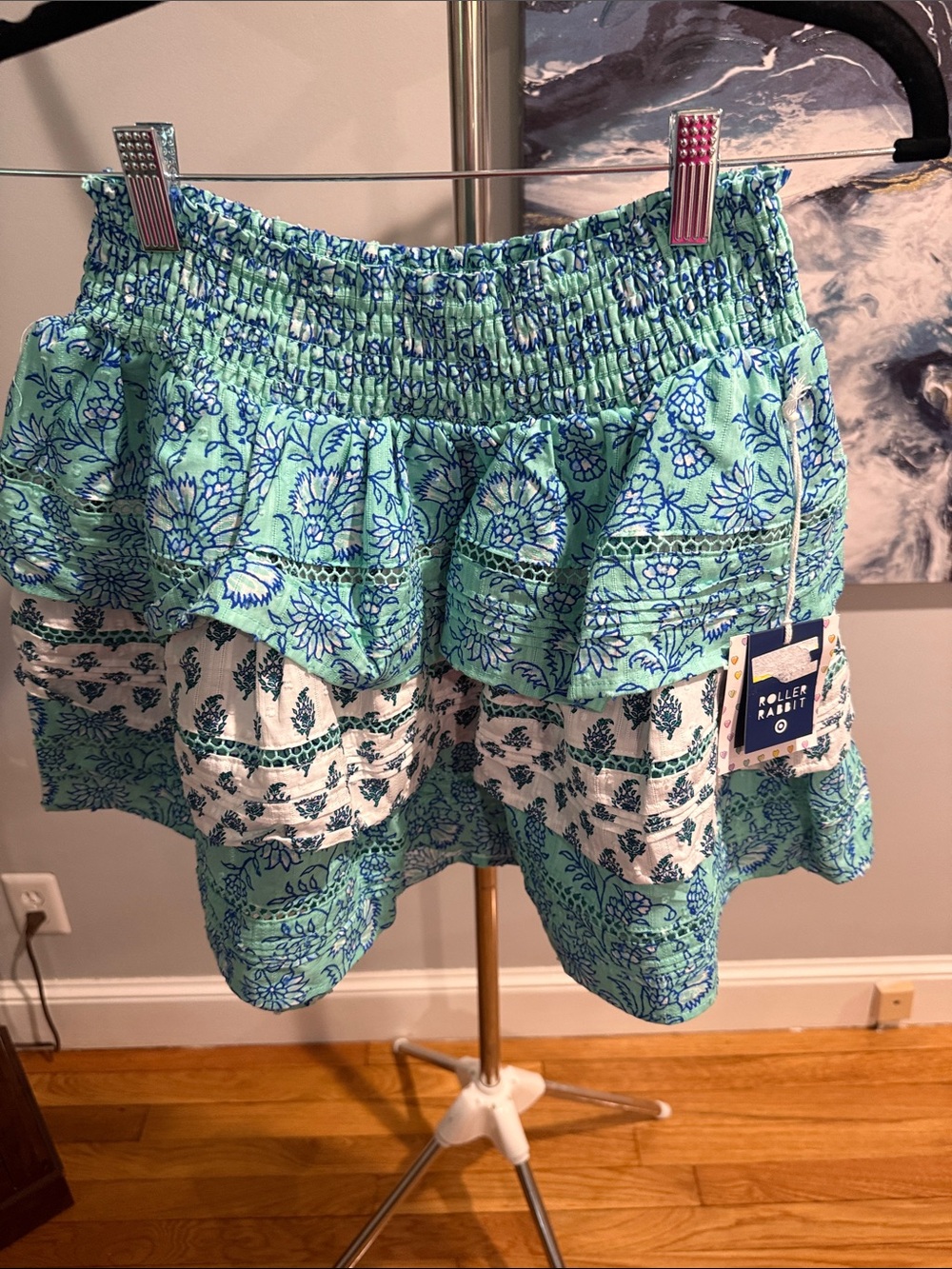 Roller Rabbit Aqua and Navy Floral Tiered Mini Skirt